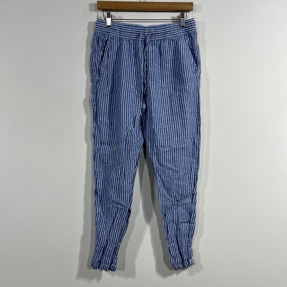 HM Fisherman Euro Summer Striped 100% Linen Drawstring Pants Women 6 Preppy Boho